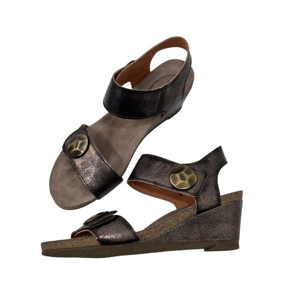 Taos Brown metallic Crackle Leather Adjustable Strap Women Wedge Sandals Size 40 - Picture 15 of 15